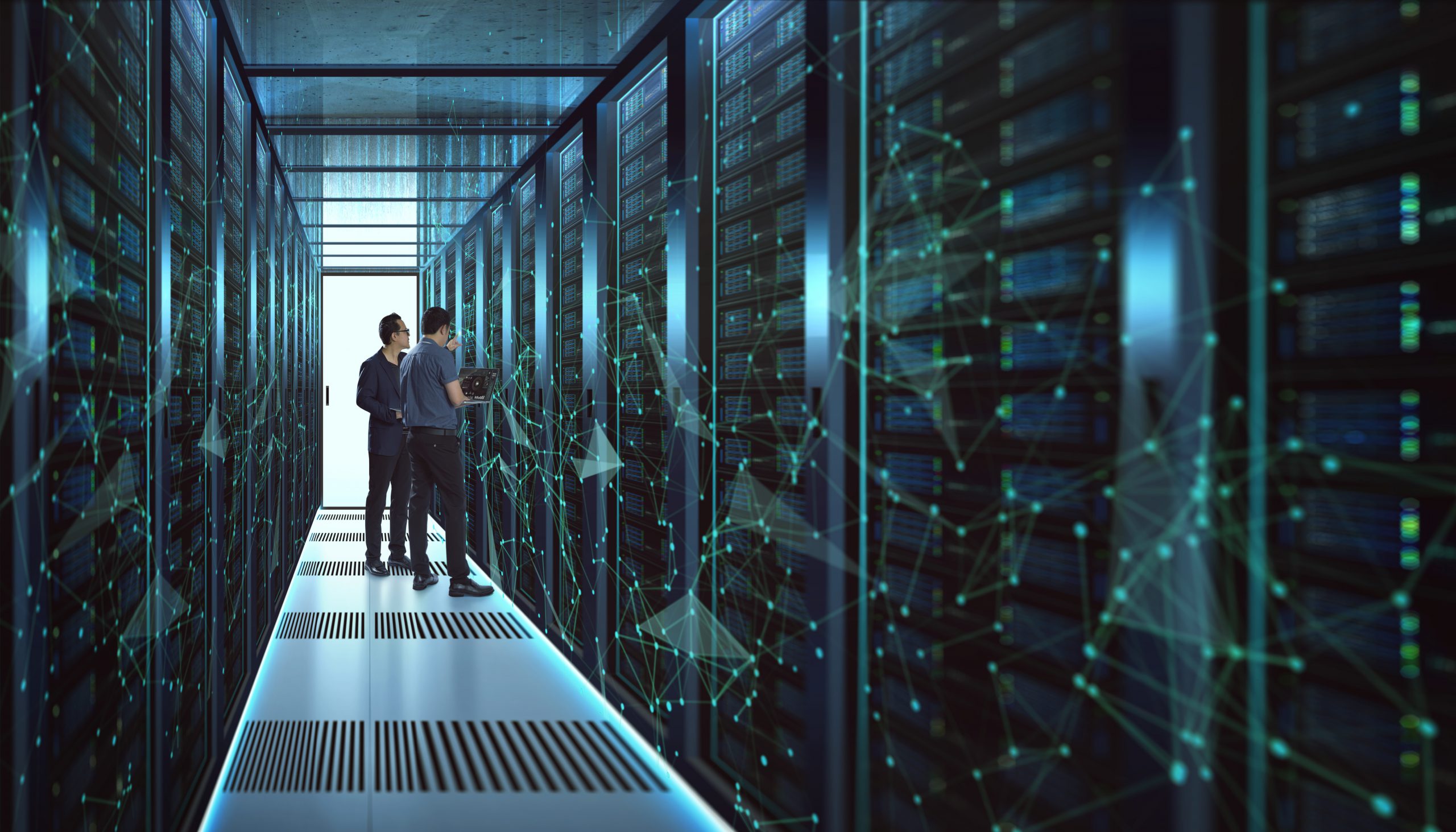 IT Engineers and Technician discussing technical problem in server room with data connection visual effect